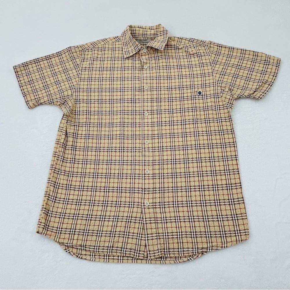 Vintage Y2K Blue Marlin Tan Brown Plaid Casual Hawaiian Button Up Shirt Men’s L
